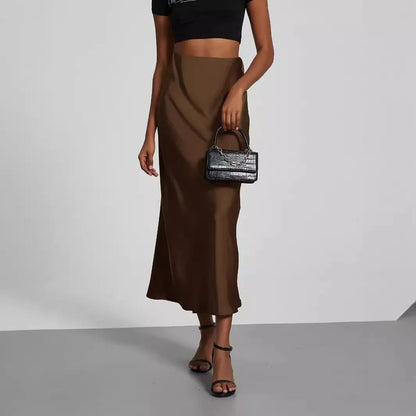 Elegant Fashionable European Style Women's Midi Skirt With Satin Texture Versatile Solid Color Bright Light Sensation Long Dress