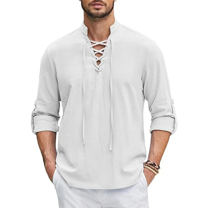 Men's Renaissance Shirt Pirate Medieval Viking Tops Solid Cotton Linen Stand V-neck Shirts Men Long Sleeve Halloween Costume