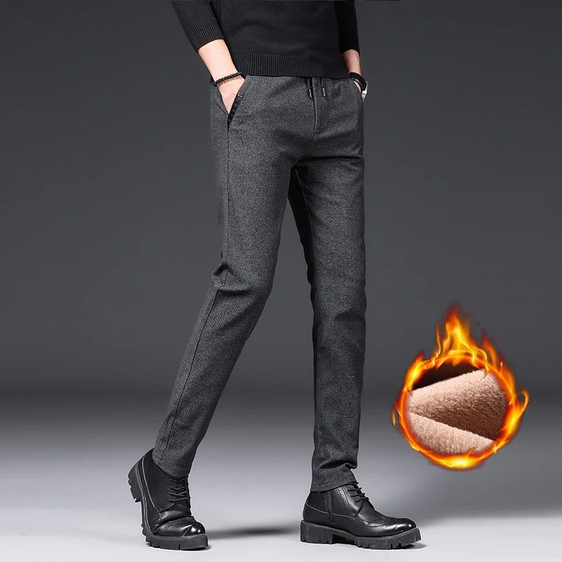 Winter Plush Trousers Men Business Fleece Pants Fashion Warm Drawstring Velvet Thick Casual Stretch Male Clothes 28-29
