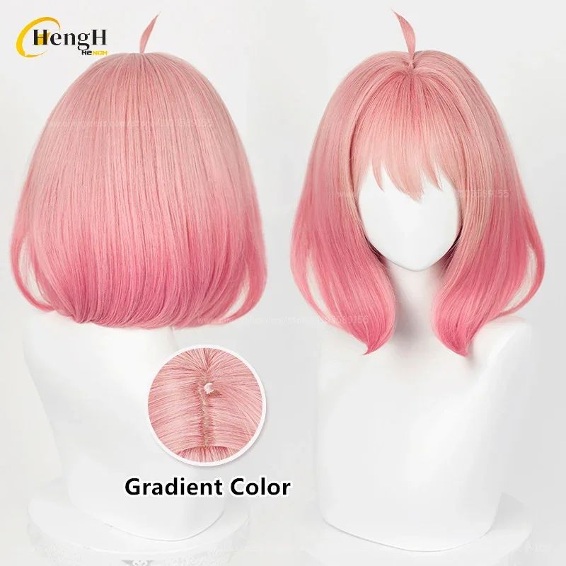 Pronta Entrega Anya Forger Peruca Sintética Anime Curta 37cm Rosa Gradiente Perucas de Cosplay Com Acessórios de Cabelo Resistente ao Calor Perucas de Halloween