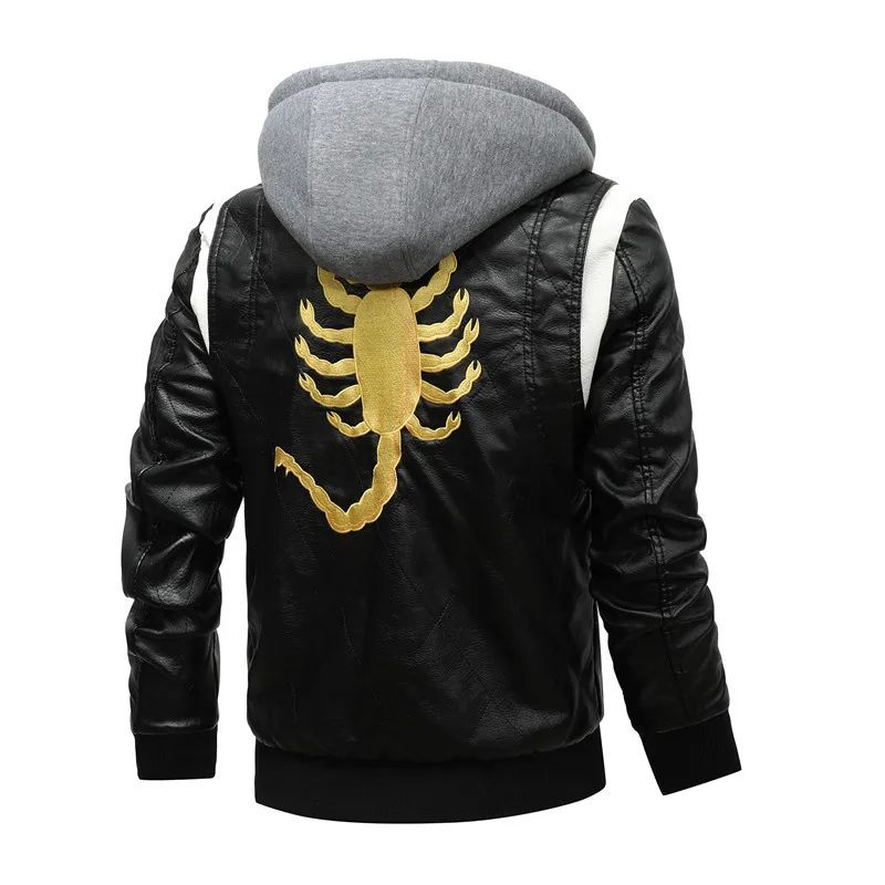 Men Winter Driving Leather Jacket Men Scorpion Embroidered Hooded Jacket PU Leather Motorcycle Jacket