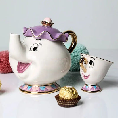 Bule de Chá Bela e a Fera Disney Fofo Desenho Animado Cafeteira Caneca Sra Potts Xícara Zip Bules de Chá Conjunto de Xícaras Decoração de Casa Enfeite Presente