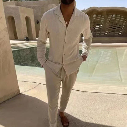 All Match Men's Tracksuit Fashion Solid 2024 Two Piece Slim Suit Autumn New Long Sleeve Button Shirts Top&Drawstring Pants Set