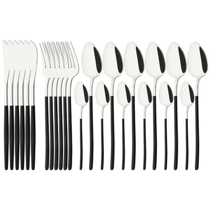 24Pcs Stainless Steel Dinnerware Set Kitchen Fork Spoon Knife Dinner Cutlery Set White Silver Western Flatware Tableware Set
