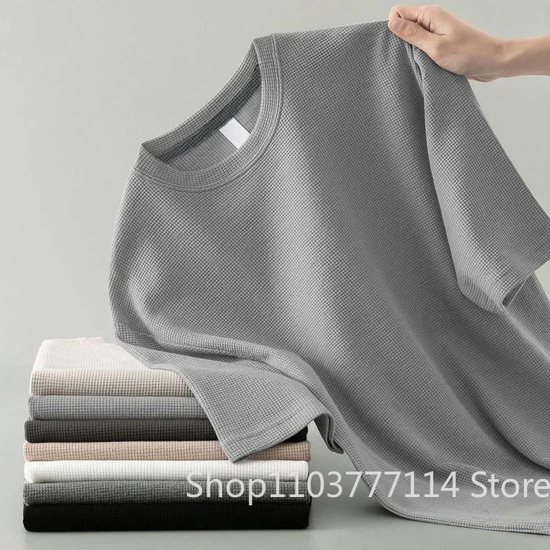 Korean Style Men Summer T-Shirt Man Short Sleeved Waffle Solid T-Shirt Color Casual Tee Round Men's Round Neck Fashion Top