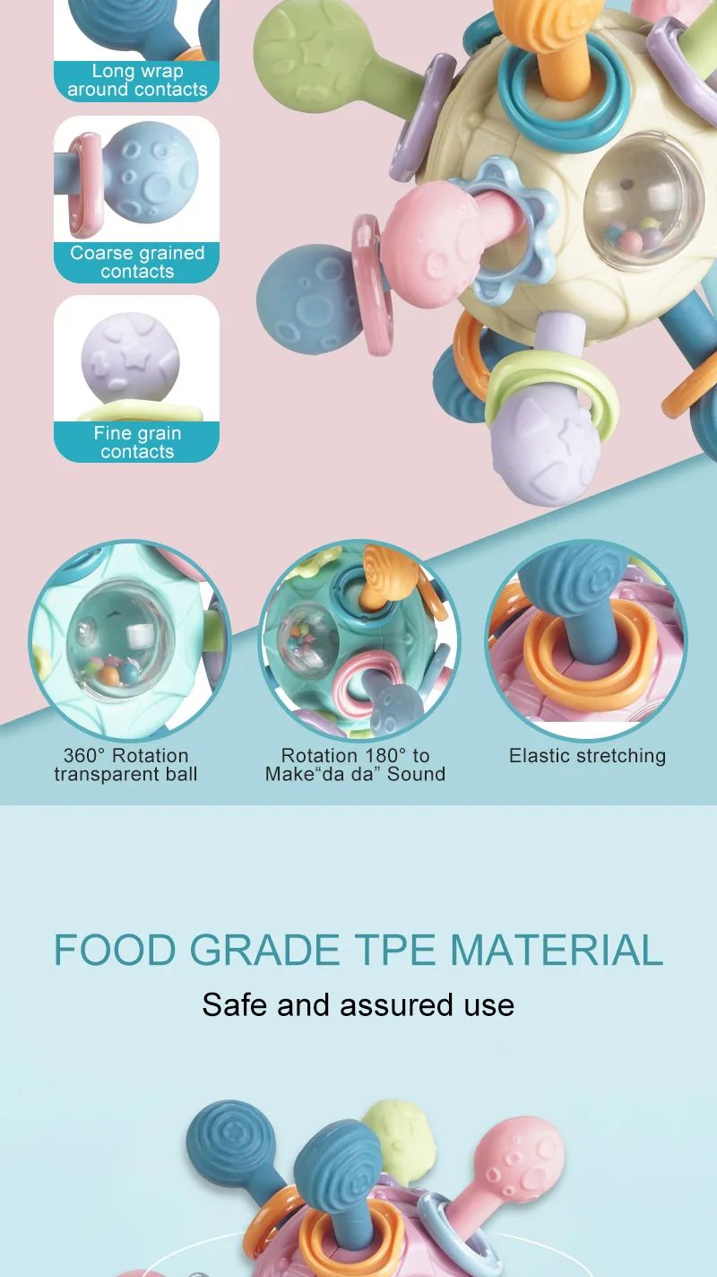 Silicone Teether Baby Toys 0 12 Months Rotating Rattle Ball Grasping Activity Baby Development Toy Baby Sensory Toys for Babies