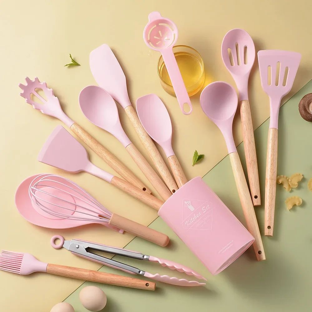 12PCS Silicone Kitchen Utensils Cooking Set Food Grade Cookware Utensils Turner Spatula Measuring Spoon Practical Kitchenware
