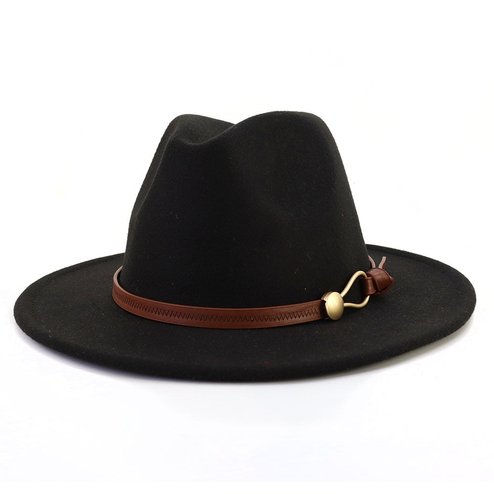 New Brown Belt Buckle Jazz Fedora Hat Autumn Winter Women Men Party Church Top Hat Wide Brim Sun Hat Felt Panama Cap