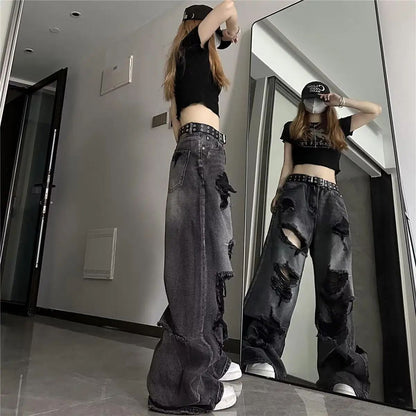 Unique Cool Ripped Jeans Women's Summer Distressed American Style Bell Bottoms Loose Fit Versatile Straight Leg Long Pants