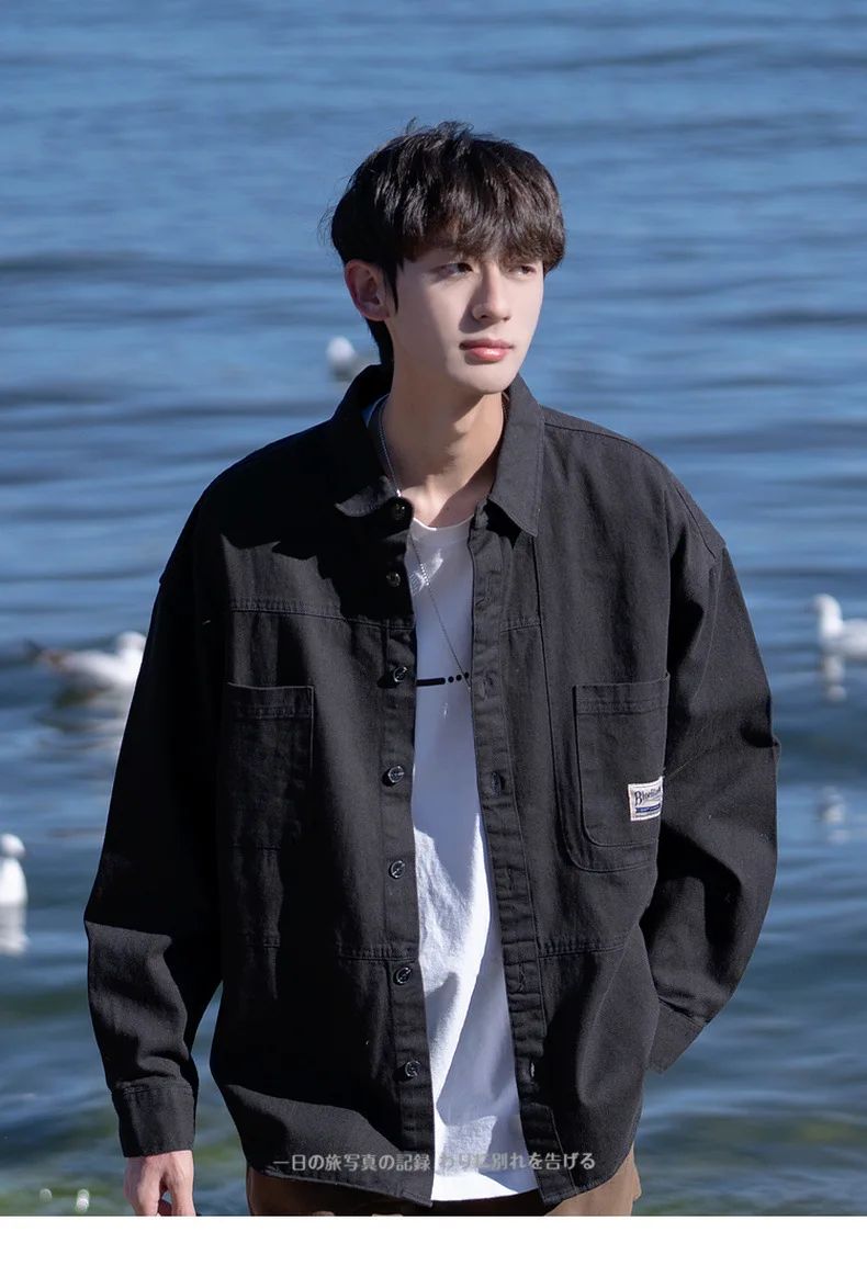 Japanese Series Men's Shirts Casual Vintage Cargo Jacket Top Spring Autumn Solid Blouses Single Breasted Male Clothes Streetwear