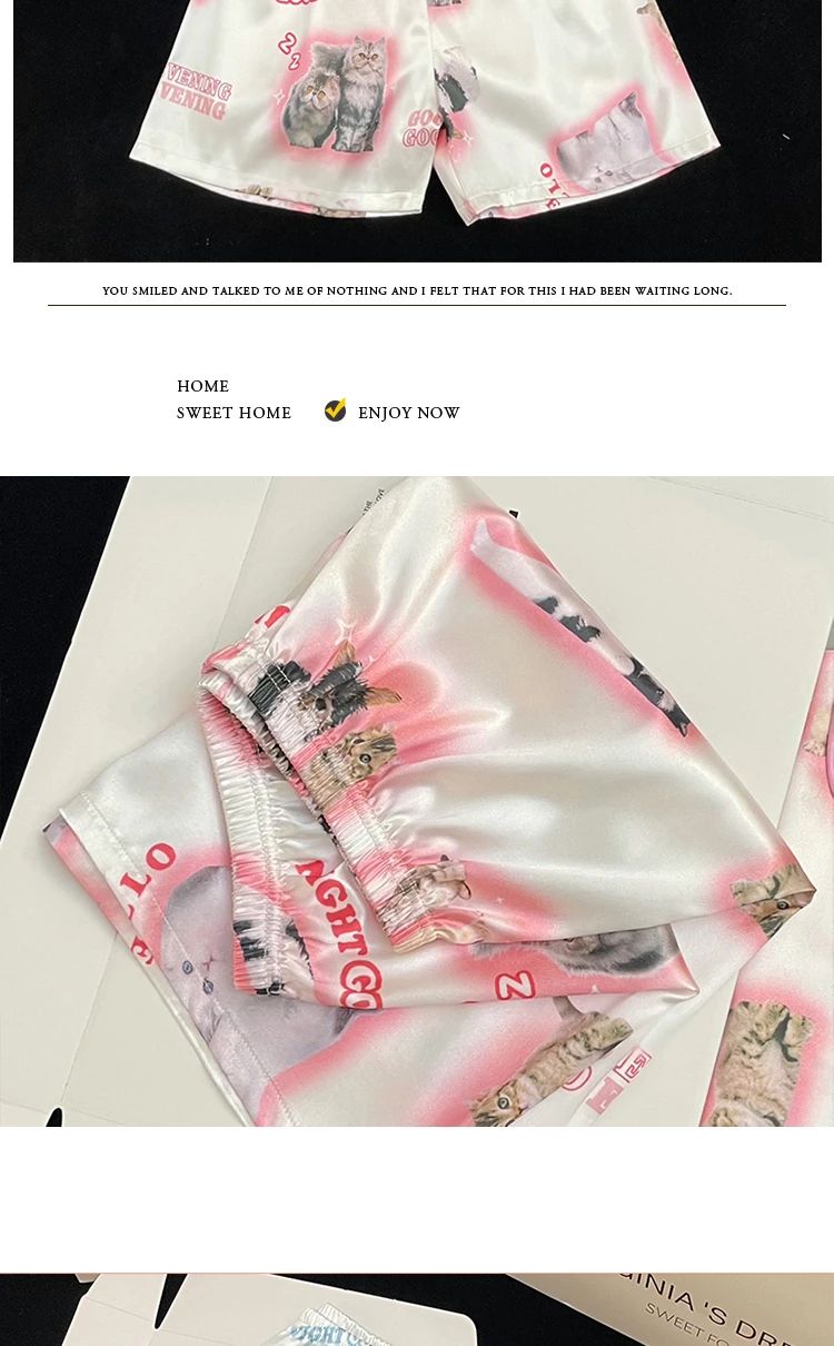 Pyjama Summer New Ladies Sweet Satin Silk Floral Printed Pajamas Set Short Sleeve+Pants Women Ice Silk Cute Homewear Casual Wear