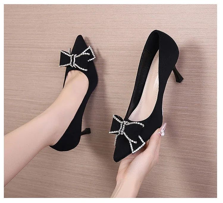 Versatile New Single Shoes Autumn and Winter  Sexy Pointy Rhinestone Black Mature Women's Thin Heels High-heel Zapatos Mujer