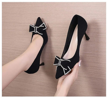 Versatile New Single Shoes Autumn and Winter  Sexy Pointy Rhinestone Black Mature Women's Thin Heels High-heel Zapatos Mujer