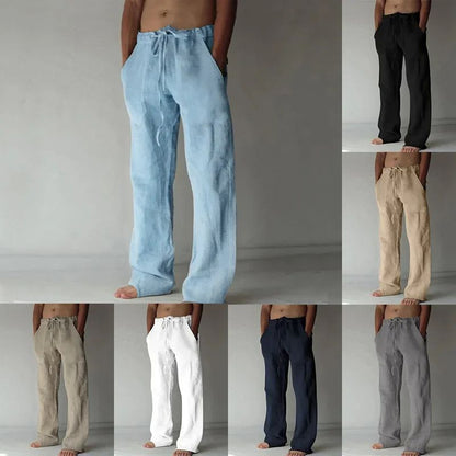 Men's Linen Casual Pants Elastic Waist Beach Pants Lightweight Drawstring Summer Yoga Pants Solid Color Beach Pants
