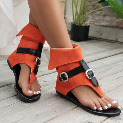 New  Summer Clip Toe Roman Sandals Denim Belt Buckle Large Size High Top Herringbone Flat Boots Women Dressy Casual Sandals