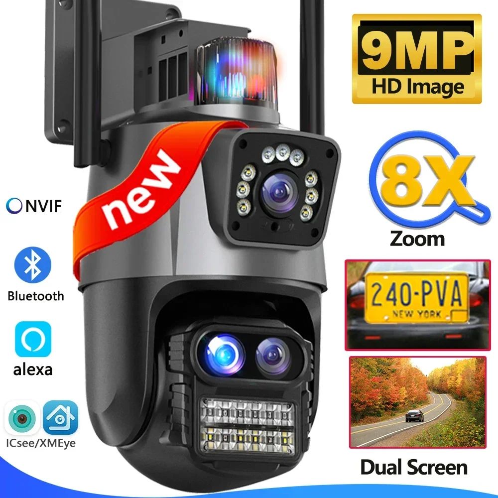 9MP Three Lens Dual Screen PTZ ICsee Alexa NVR Security CCTV WiFi Camera Outdoor8X Zoom Security Camera 4K Video Surveillance