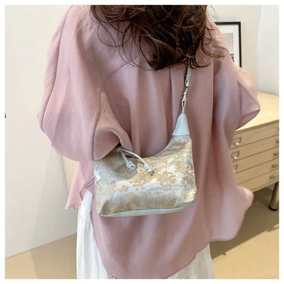 Sweet Embroidery Shoulder Bag Nylon Texture Pearl Pendant Crossbody Bag Small Bucket Handbag Women Canvas Luxury Cheongsam Bag