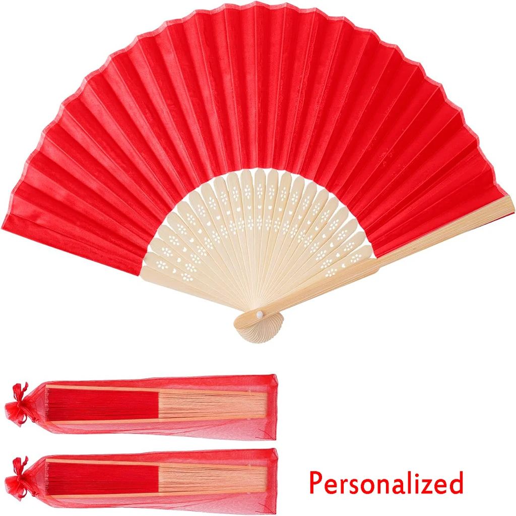 10-60Pcs Personalized Engraved Multicolor Folding Silk Hand Fan with Organza Gift Bag Wedding Party Supplies Bulk Purchase Boda