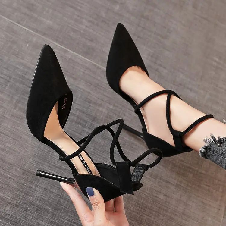New Cross-strap Roman Sandals Suede High Heels Women's Shoes One-line Buckle Fine Heel Pointed Sandals Zaptos Mujer