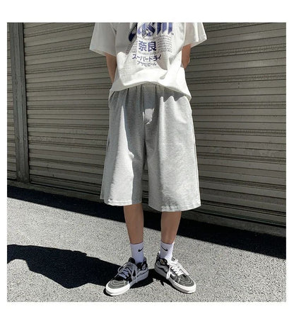 Summer New Y2K Solid Color Cotton Loose Men's Sports Pants Shorts Street Wear Simple Drawstring Straight Casual Shorts Male