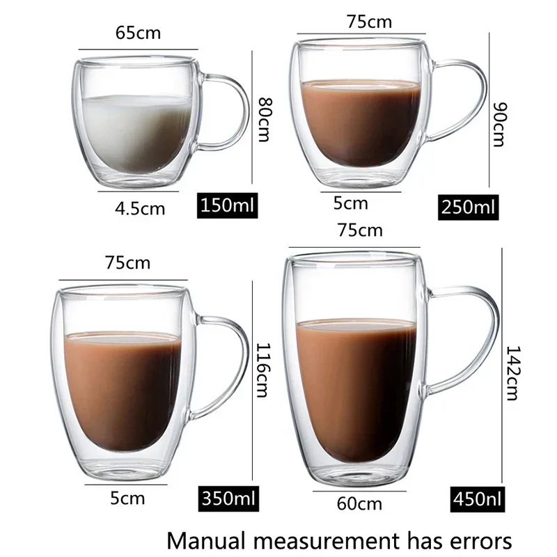 Copo de Vidro de Parede Dupla Resistente ao Calor 80-650ml Copos Transparentes para Cerveja Leite Café Água Atacado Conjunto de Canecas de Vidro para Beber Presente
