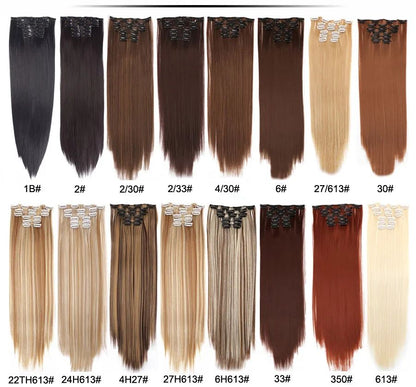 22 Polegadas Sintético Cabelo Liso Longo 16 Clipes 6 Peças/Conjunto Apliques de Cabelo Loiro Preto Resistente ao Calor Para Mulheres