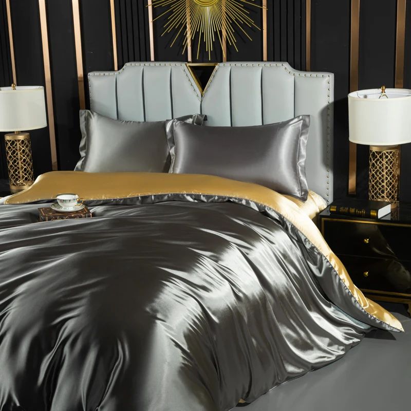 Solid Silk Bedding Set with Duvet Cover Fitted/Flat Bed Sheet Pillowcase Luxury Couple Bedsheet King Queen Double Twin Size