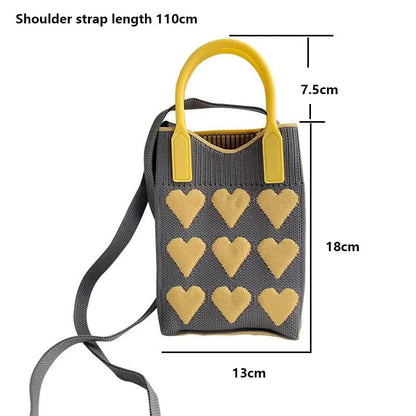 Korean Fashion Heart Knitted Mini Square Handbag for Women Small Mobile Phone Shoulder Bags Girls Cute Outdoor Crossbody Bags