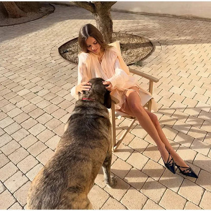 Elegant Ruffles Shiny Mini Dresses Fashion Solid Long Sleeve Lace Up V Neck Plea