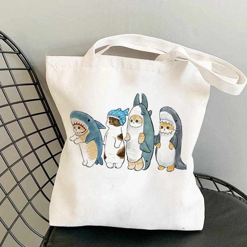 Kawaii Cats Manga Cartoon Reusable Tote Bag Women's High Capacity Versatile Canvas Shoulder Bag, Beach Shopper Handbag