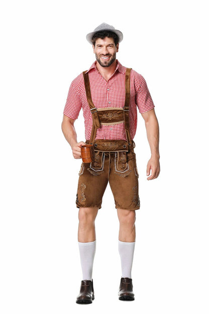 Bavarian Octoberfest German Beer Costume Male Oktoberfest Lederhosen Costume Beer Shirt Suspender Shorts Hat Cosplay Costumes