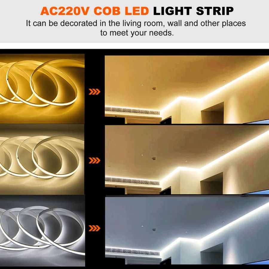 220V COB LED Strip Light Flexible Tape Lights Smart IC No Need Driver High Bright 240 LEDs Linear Lighting RA95 Warm White 1-5m