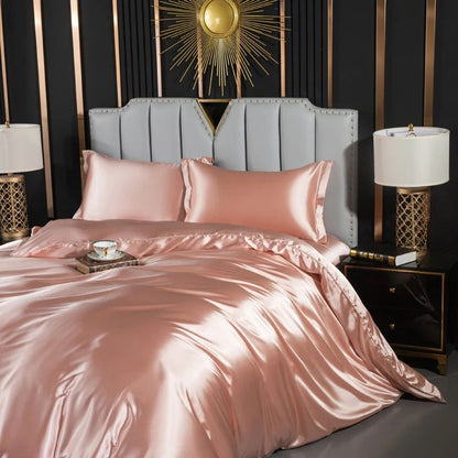 Solid Silk Bedding Set with Duvet Cover Fitted/Flat Bed Sheet Pillowcase Luxury Couple Bedsheet King Queen Double Twin Size