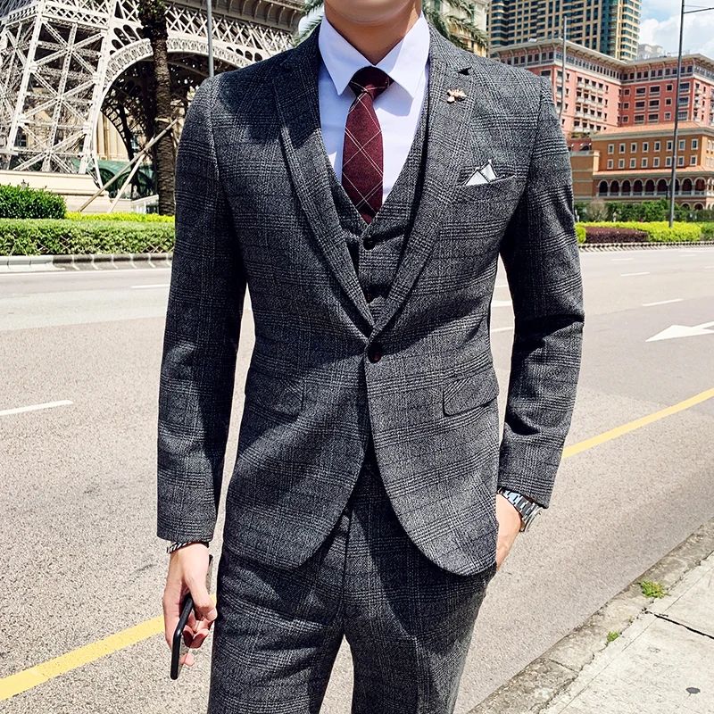 Dark Blue Men's Suit Three Piece, Business Casual Jacket and Vest with Trousers, Gray Dark Brown Slim Fit Sets, Asian Size