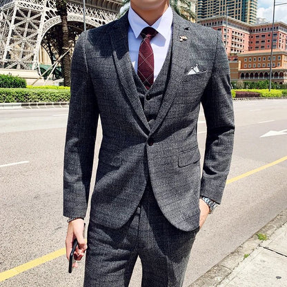 Dark Blue Men's Suit Three Piece, Business Casual Jacket and Vest with Trousers, Gray Dark Brown Slim Fit Sets, Asian Size