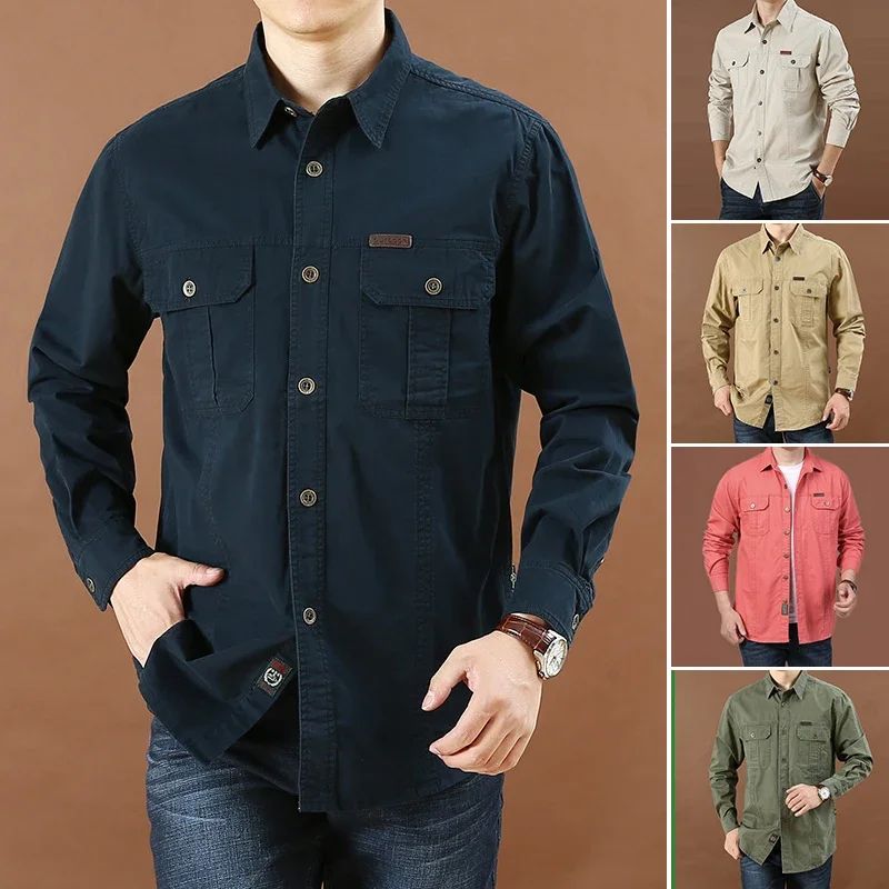 Oversized Shirts Men Long-Sleeve Formal Business Shirts Cargo Casual Shirts Slim Pocket Fashion Soild Shirt Male Brand Clothes