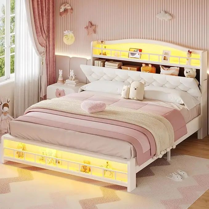 Nova Cama Queen Size Menina com Luzes de LED e Estação de Carregamento, Estrutura de Cama Queen Size de Princesa com Cabeceira com Armazenamento Oculto