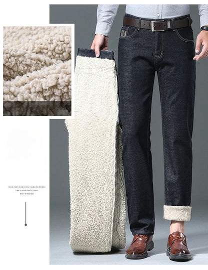 Calça Jeans Masculina de Lã Aveludada, Inverno, Forrada com Lã Grossa, Casual de Negócios, Reta, Jeans, Macia, Confortável, Térmica, Elástica, Calças Masculinas