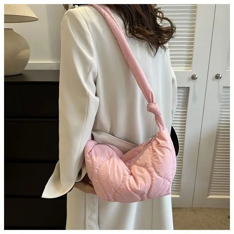 Puffer Shoulder Bag for Women Soft Down Cotton Padded Tote Handbag Purse Quilted Cross Body Bag Solid Color Bubbles Cloud Bag