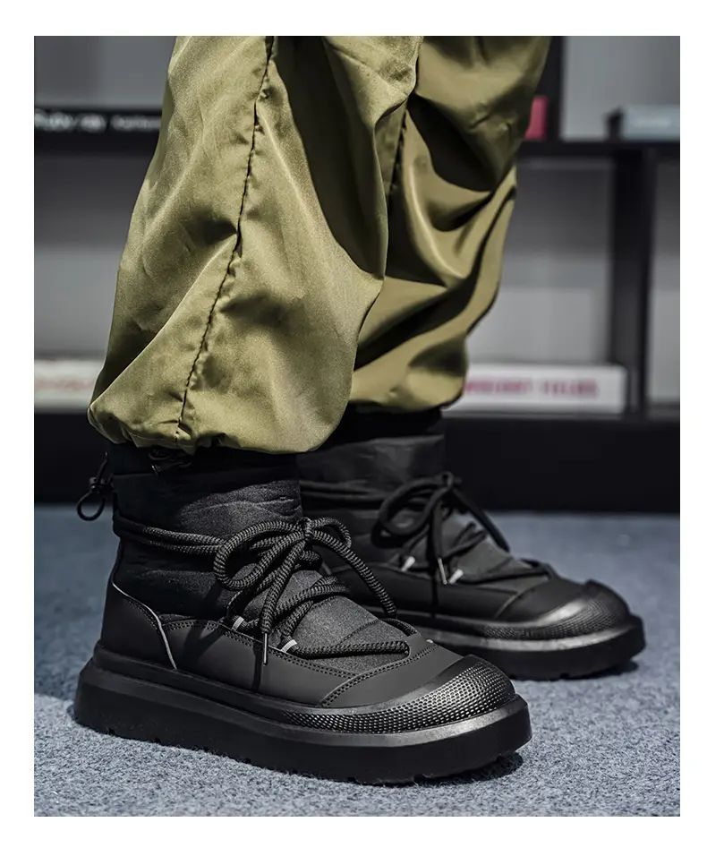 Work Style Snow Boots for Men Women Plus Fleeces Warm Winter Boots High Top Thick Soled Lace Up Black Plush Couple Cotton Shoes