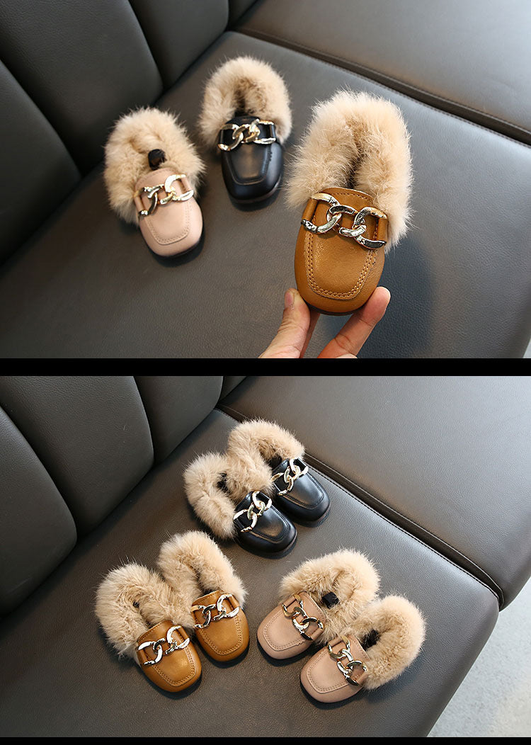 Kids Fur Shoes Children Velvet Shoes Baby Girls Warm Flats Toddler Black Brand Shoes Princess Loafer Chain Moccasin For Winter