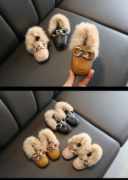 Kids Fur Shoes Children Velvet Shoes Baby Girls Warm Flats Toddler Black Brand Shoes Princess Loafer Chain Moccasin For Winter