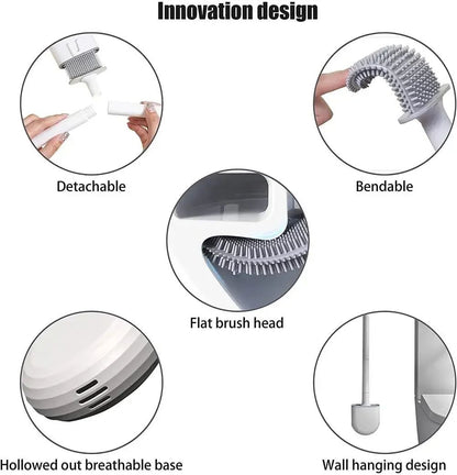 Wall-Mounted Silicone Toilet Brush Set-Easy-Install, Long-Handle,No Dead Corners,Efficient Cleaning,Portable Design with Holder