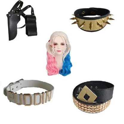 2025Halloween Suicide Cosplay  Squad Quinn Monster  Bracelet Belt necklace Gloves Accessories Full Set Wig Harley