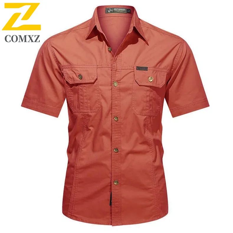 New Men's Work Shirt Casual Retro 100% Cotton Short Sleeve Flying Cargo Shirt Men's Summer Fishing Hunting Multi Pocket Shirt