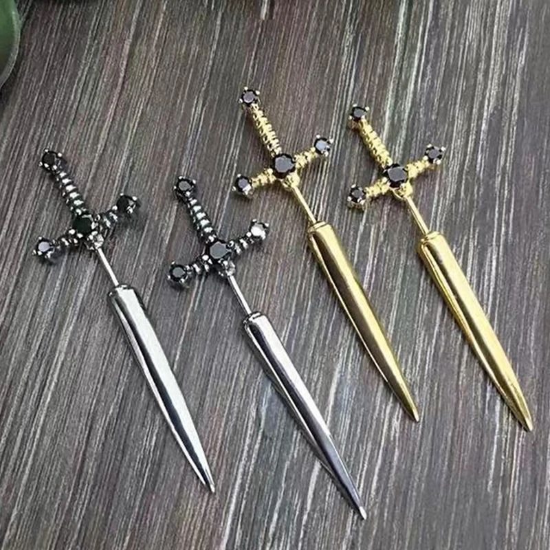 Brincos de pino de espada cruzada de Hip Hop para mulheres Clássico Pedra de cristal preta Ouro prata Boi Cor preta Personalidade Joias simples