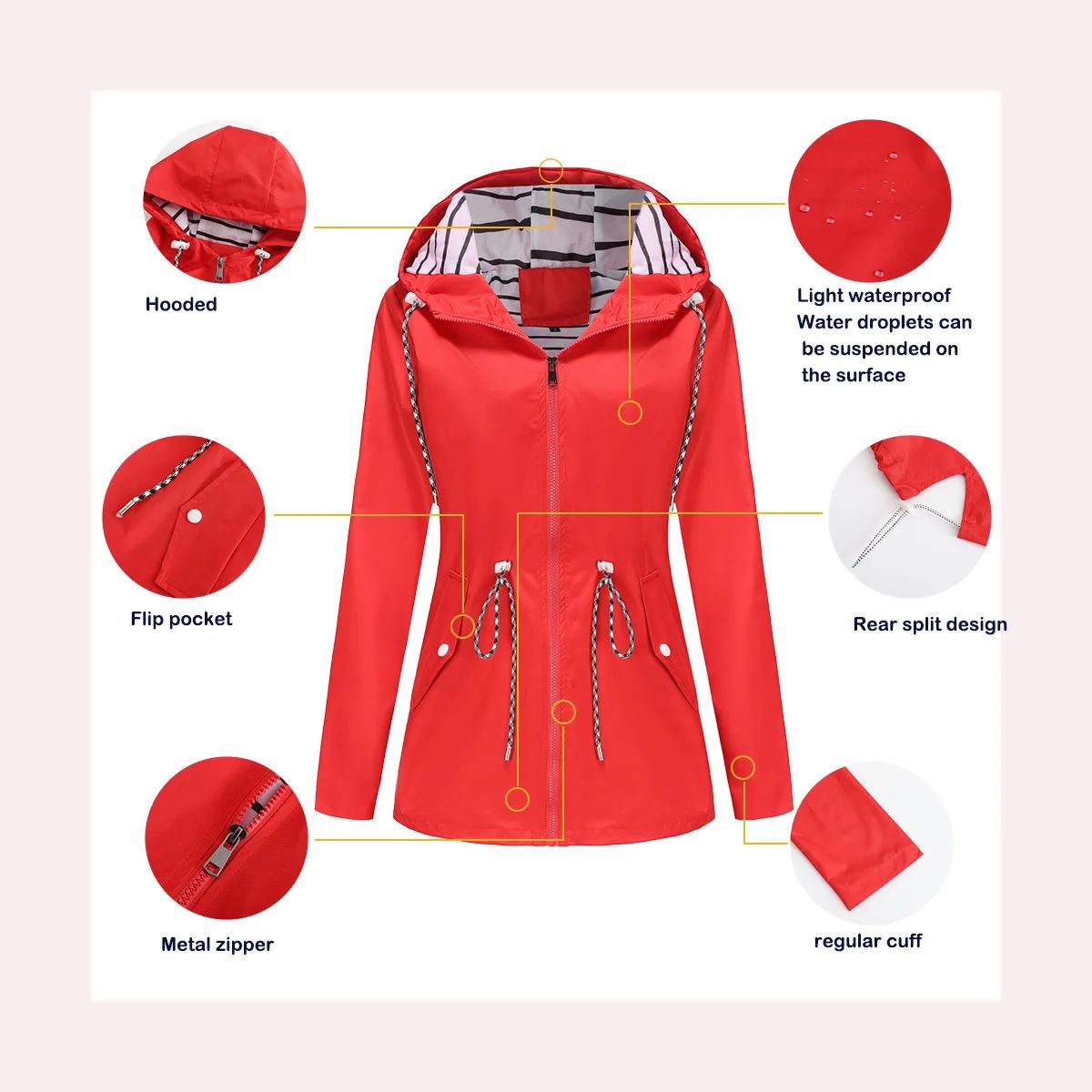 Blue Waterproof Hooded Jacket Women Fashion Casual Coat Waist Drawstring Tie Zipper Switch Red Green Yellow Black Windbreaker