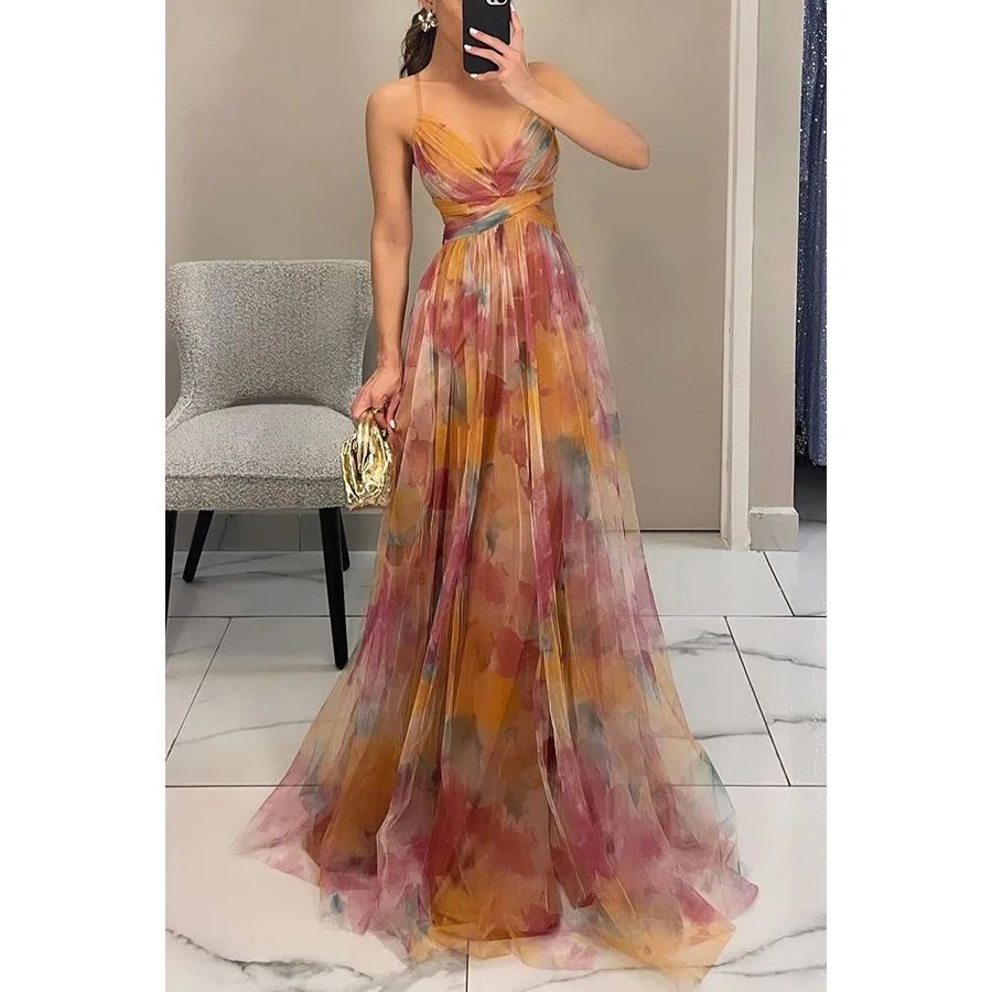 Summer Spring Off-Shoulder Lace Print Halter Dress Casual Party Holiday Dress V-Neck Floor-Length Polyester Fiber Dress