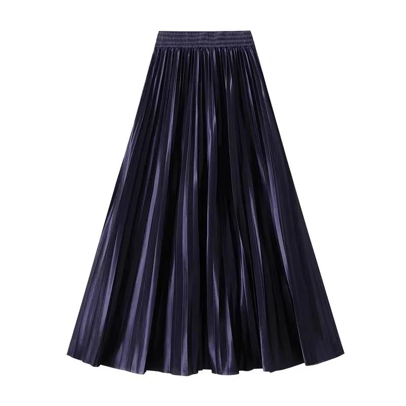 High Waist Satin Pleated Skirt 1 Meter Long Floor Length Pearl Glitter A- Line Umbrella Half Body Skirts Polyester Fiber