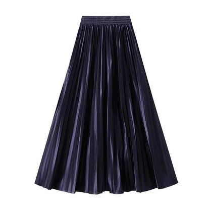 High Waist Satin Pleated Skirt 1 Meter Long Floor Length Pearl Glitter A- Line Umbrella Half Body Skirts Polyester Fiber